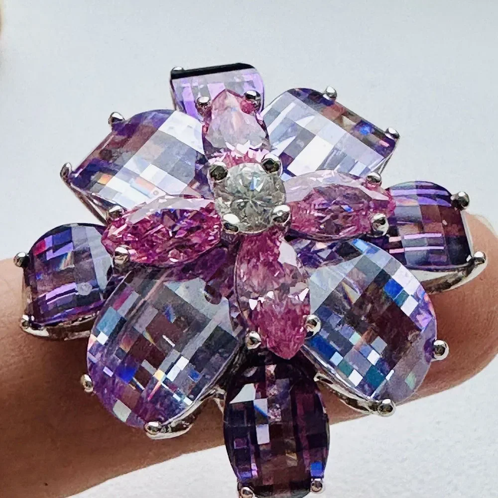 Statement Flower Ring Size 5 Purple Pink Gemstones Chunky Sterling Silver‎ 16+g